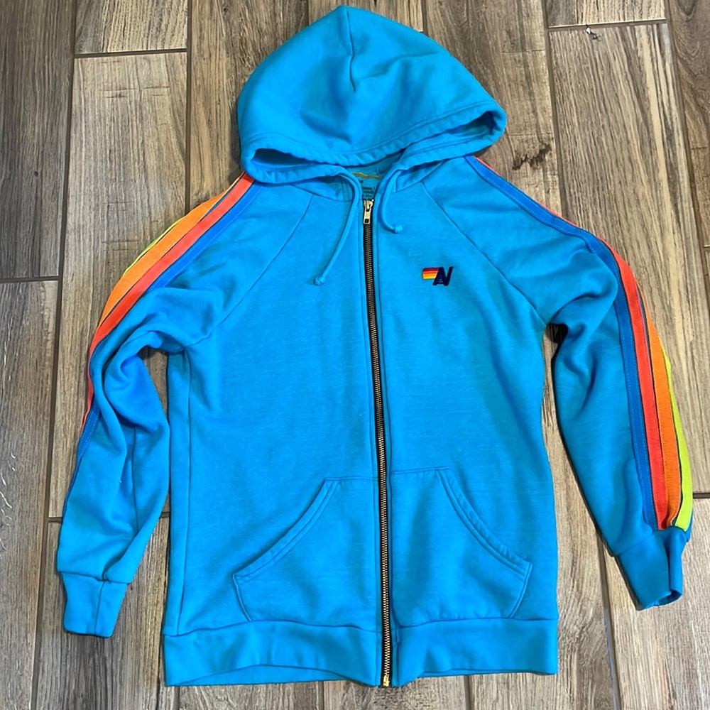 Aviator Nation Teal Blue Neon Stripe Hoodie M